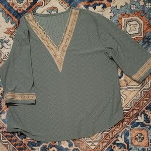 Sage Green Boho Eyelet Top 2XL Lace Trim V Neck Blouse